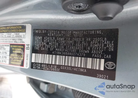 2008 Toyota Avalon Touring z USA, uszkodzony, nr VIN 4T1BK36B88U274379